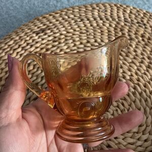 Vintage Amber Pressed Glass Footed Creamer Scroll Handle Coin Dot Desig